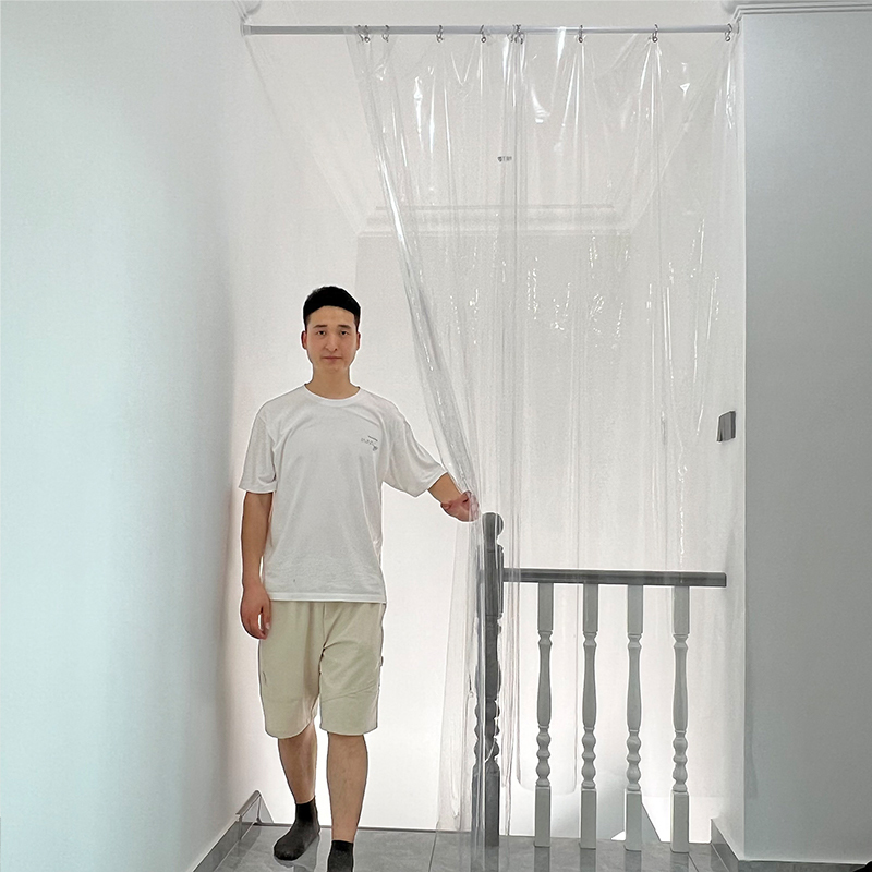 Staircase Air Conditioning Door Curtain, Windproof Partition Curtain, Living Room Punch-Free Anti-Air Conditioning Telescopic Rod, Transparent Folding Door
