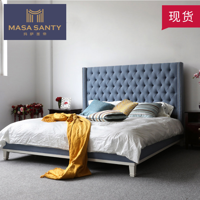 Minimalist modern double bed American soft bunk cloth art master bedroom 1 5 1 8 single bed blue pull button light lavish solid wood