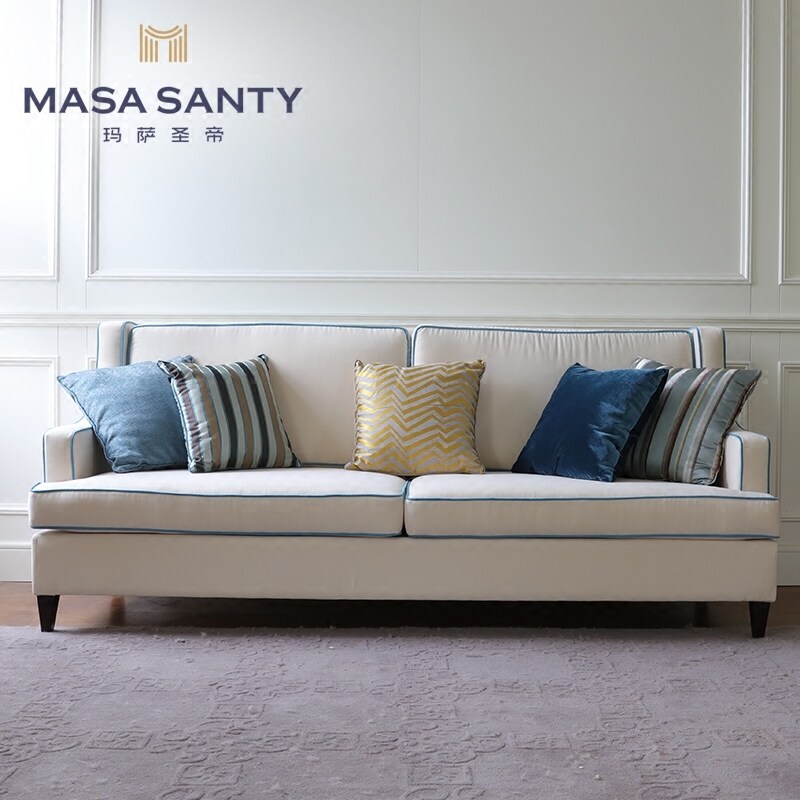 Small American Countryside Beige Trio Place Sofa Solid Wood Soft Bag Multiplayer Sofa Living-room Home Innate modern Nordic