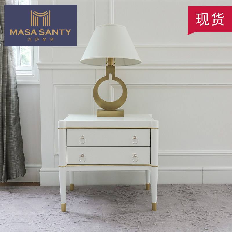 Simple and modern light luxury bedside table white drawing golden edge American bedroom bedside table model room solid wood furniture
