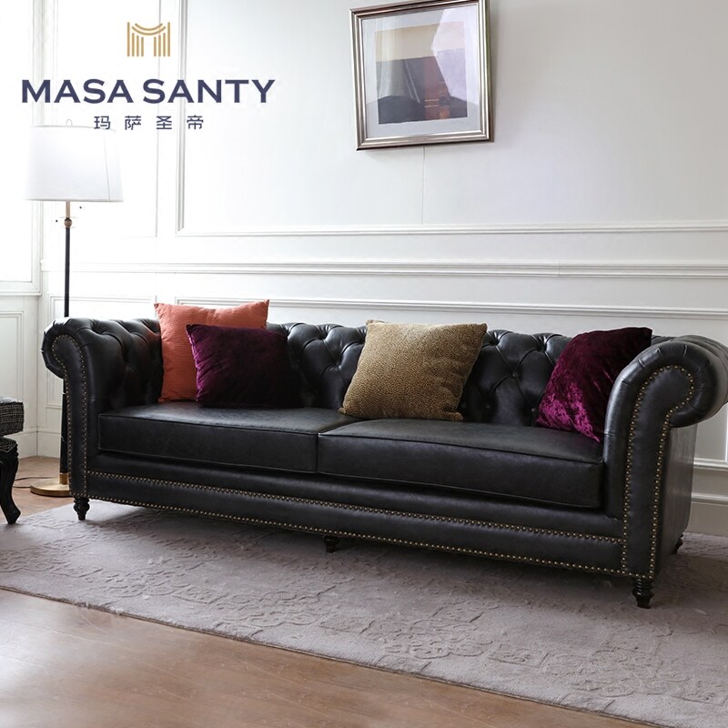 Modern American Countryside Black Leather Trio Sofa Minimalist Designer Like Board Room Pull Clasp Guest Furniture Custom