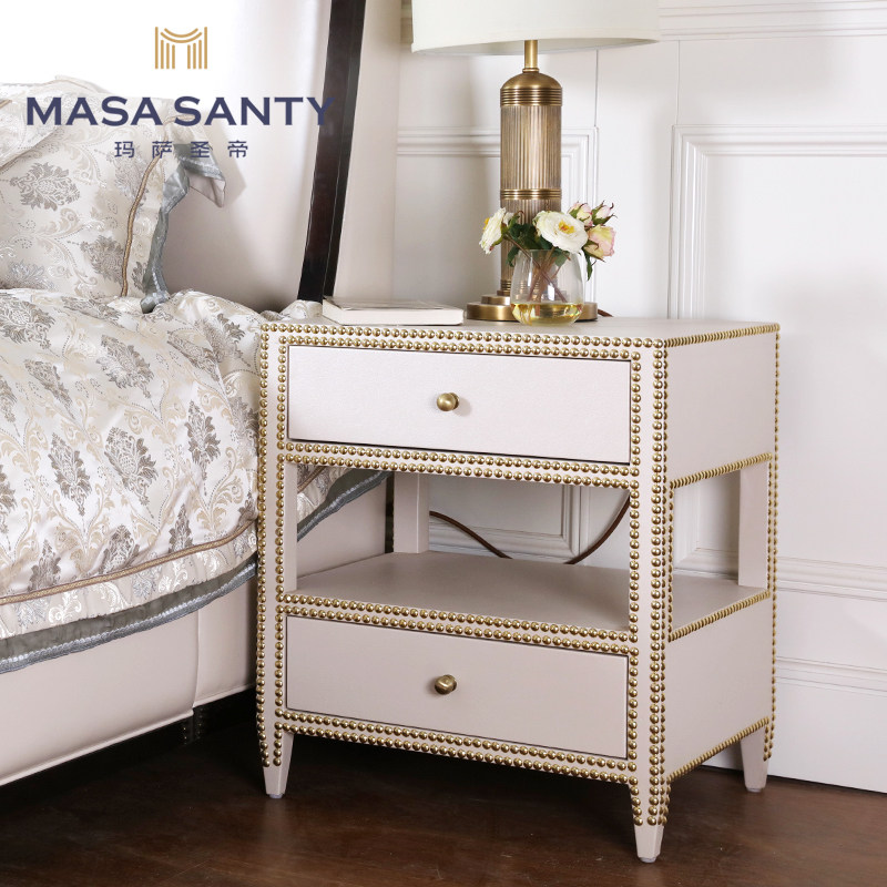 American countryside bed head cabinet rivets in soft bag solid wood main bedroom bedside cupboard home storage cabinet with damping