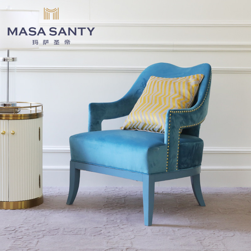 Minimalist modern light blue single sofa chair soft bag cloth art sofa living room solid wood casual seat light and luxurious