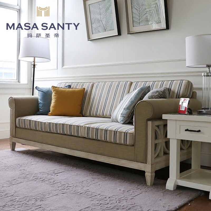 American Countryside Trio Sofa Solid Wood Cloth Art Living Room Reception Creative Multiplayer Sofa-Like Board Room Masa Saint Emperors