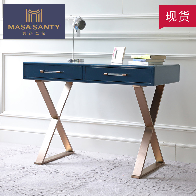 Simple modern desk study table stainless steel Nordic light luxury blue metal foot dressing table bedroom solid wood