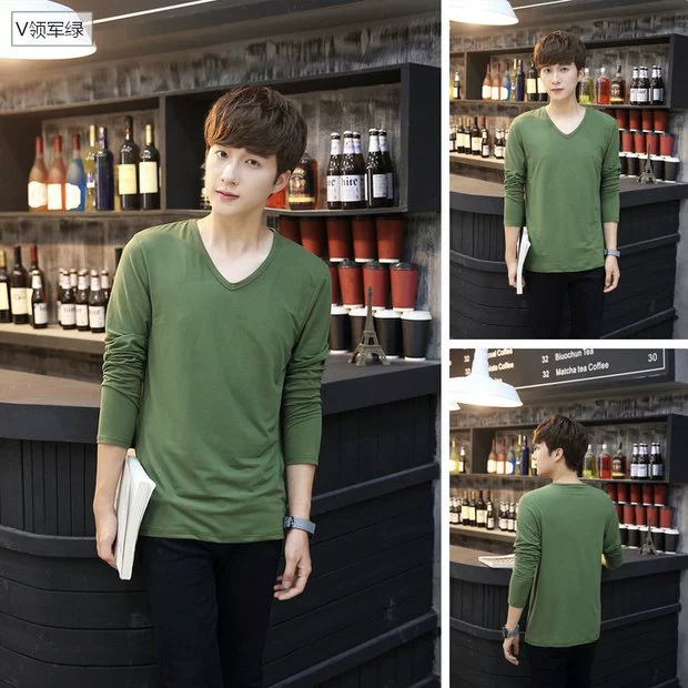 v cổ áo rắn màu mỏng chạm đáy áo sơ mi thanh niên béo cộng với nhung cộng với size cộng nhung dày mùa thu và áo thun nam dài tay
