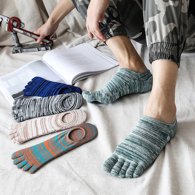 5 Pairs of Spring/Summer Thin Five-Toe Socks for Men, Solid Color Cotton Socks, No-Show Socks, Invisible Low-Cut Camouflage Retro Style, Sweat-Absorbent 