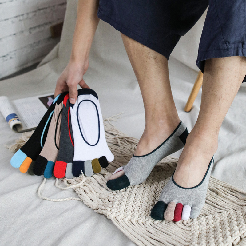 5 Pairs of Colorful Toe Socks, Pure Cotton, Men's Low-Cut Invisible Boat Socks, Split-Toe Silicone Anti-Slip, Sweat-Absorbent, Summer 
