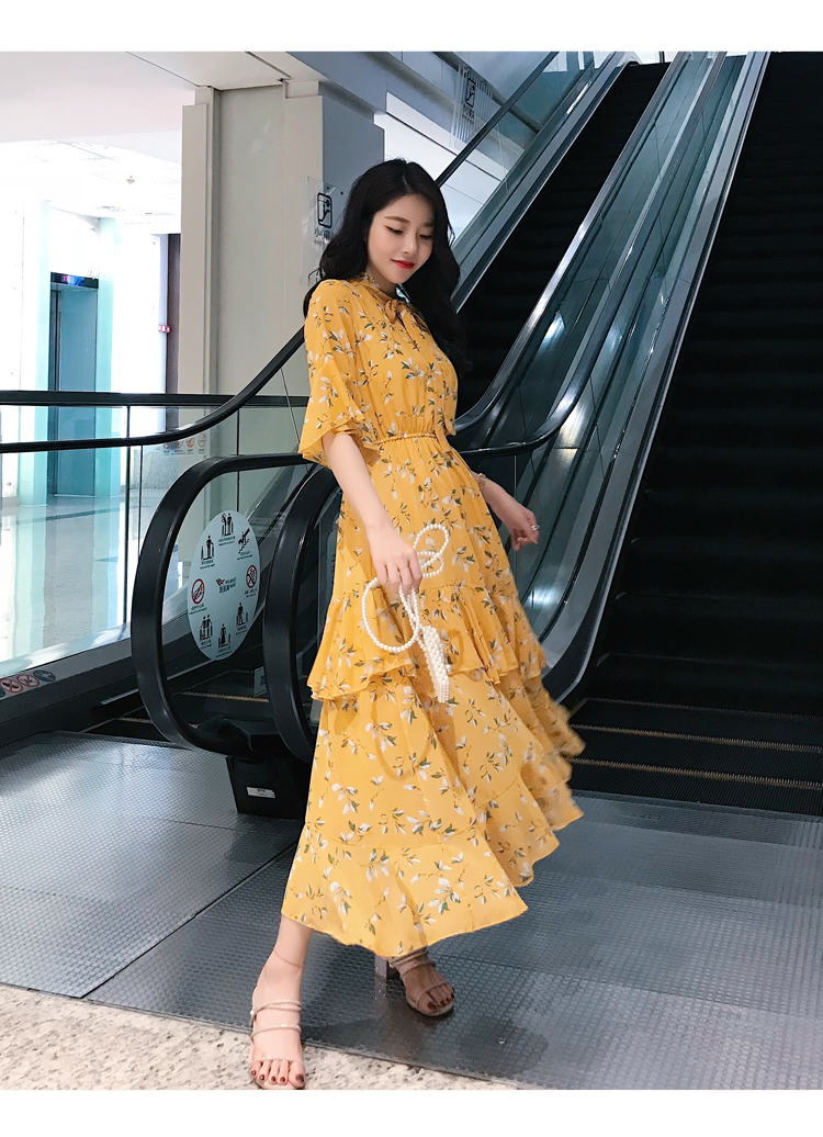 VK旗艦店 韓國風名媛荷葉袖小碎花顯瘦雪紡短袖洋裝