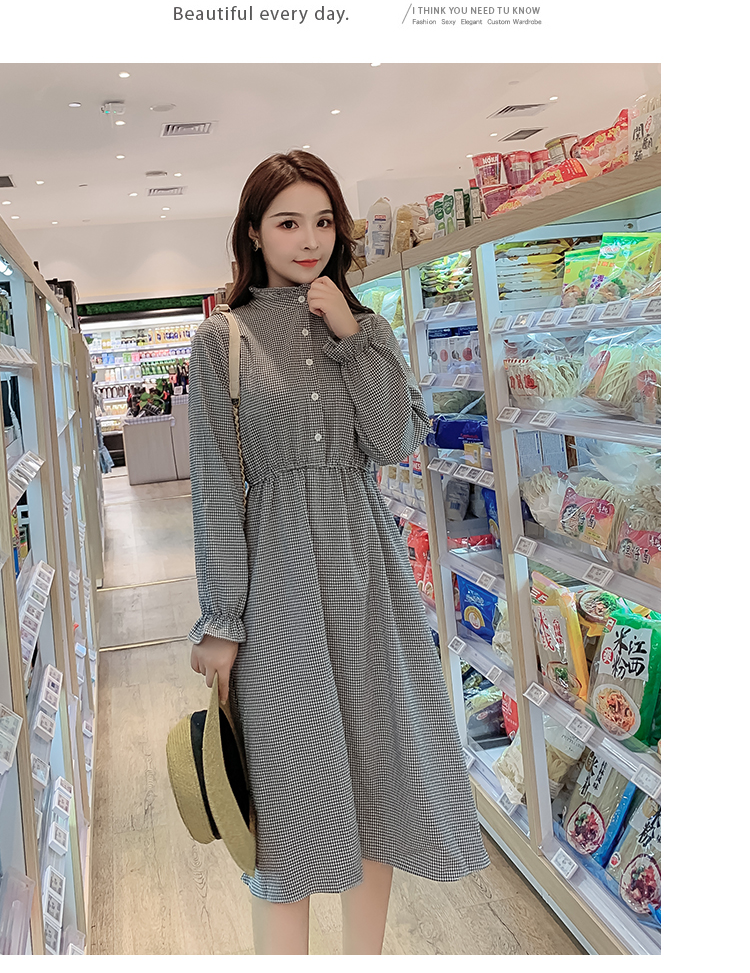VK旗艦店 韓系復古立領收腰顯瘦小格紋喇叭長袖洋裝