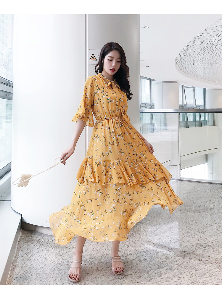 VK旗艦店 韓國風名媛荷葉袖小碎花顯瘦雪紡短袖洋裝