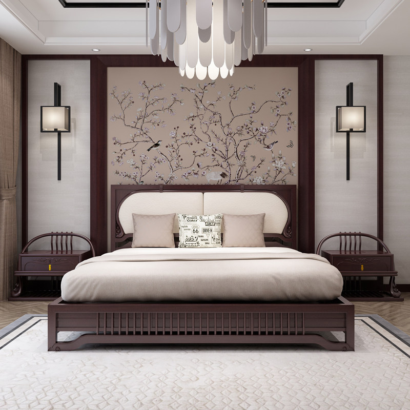 New Chinese style solid wood bed master bedroom 1 8 meters 1 5 meters large wedding bed modern minimalist Chinese style Zen double bed furniture