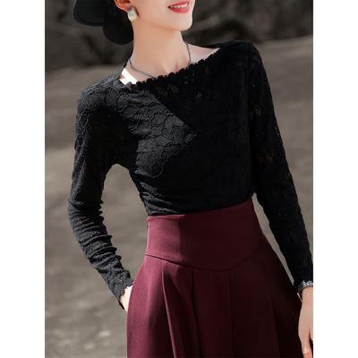 Lancer's 2026 early autumn new style French gentle lace cutout shirt, long-sleeved slim top, base layer for women
