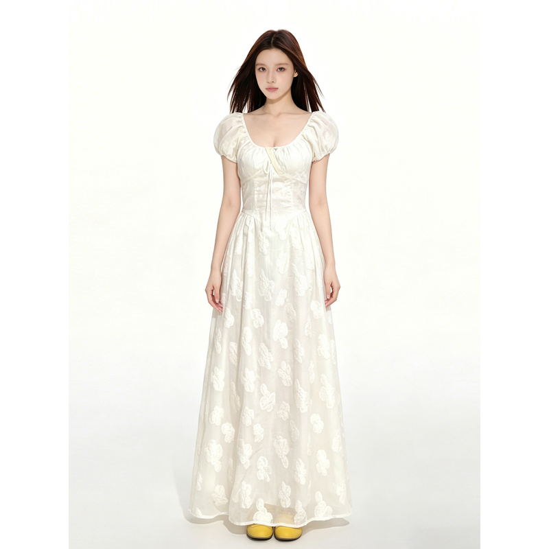 Verumi Sweet Style Jacquard French Puff Sleeve Waist-Cinching Dress for Women Summer Slimming Long Skirt A-Line Skirt Verumi Sweet Style Jacquard French Puff Sleeve Waist-Cinching Dress for Women Summer Slimming Long Skirt A-Line Skirt