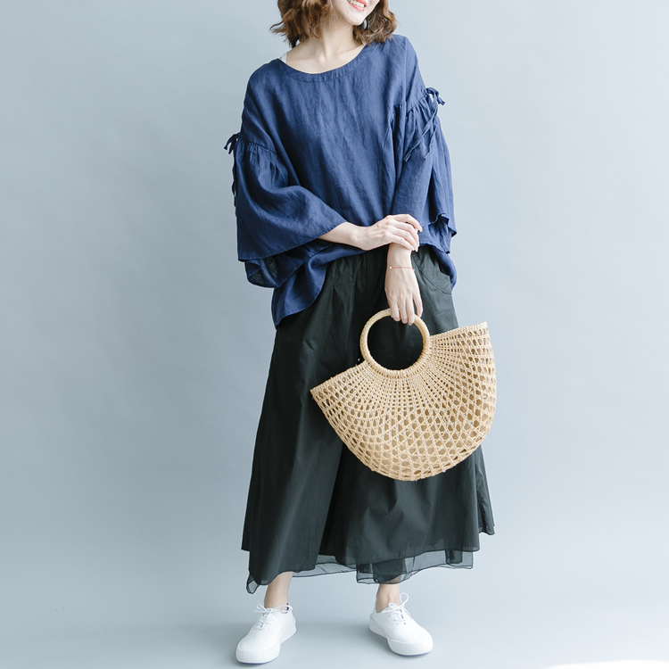 [清 濯] tòa án Retro lá sen lớn tay áo lỏng lẻo bông và vải lanh đầu mùa thu màu xanh hải quân áo sơ mi áo sơ mi hoa cúc