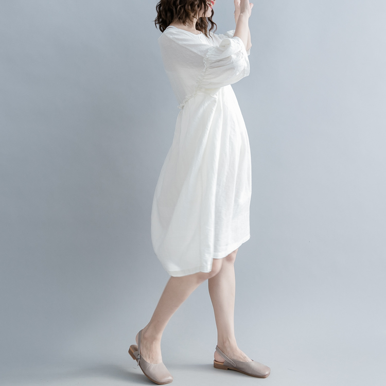 [清 濯] Pleated Lantern Sleeve vòng cổ cao eo Casual váy - trắng đầm sơ mi thắt eo