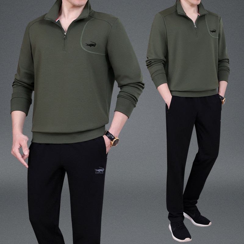 Katerle Crocodile Crocodile Spring Autumn Leisure Sports Suit Men's Mid Aged Dad Large Size Sizes Full Cotton Stand Two Sets Thin