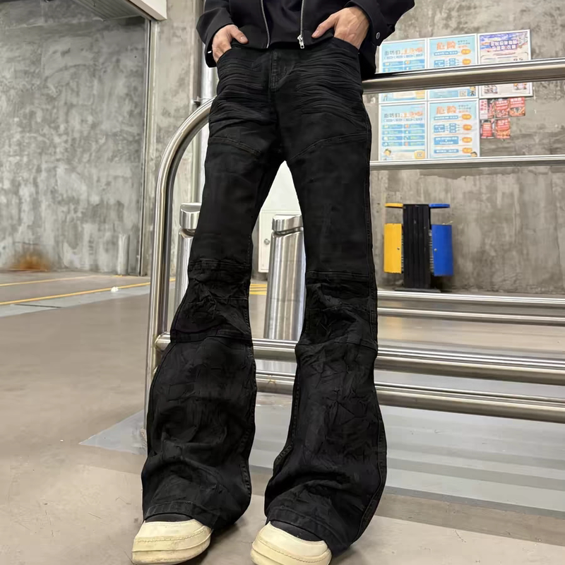 American High Street Ro Style Wax-Coated Wrinkled Jeans for Men and Women, Niche Design, Slim Fit, Slightly Flared Long Pants