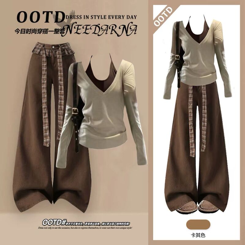 Korean Style, Elegant and Stylish, a Complete Set of Spring and Autumn Outfits, a Two-Piece Set of High-End Denim Jeans Korean Style, Elegant and Stylish, a Complete Set of Spring and Autumn Outfits, a Two-Piece Set of High-End Denim Jeans