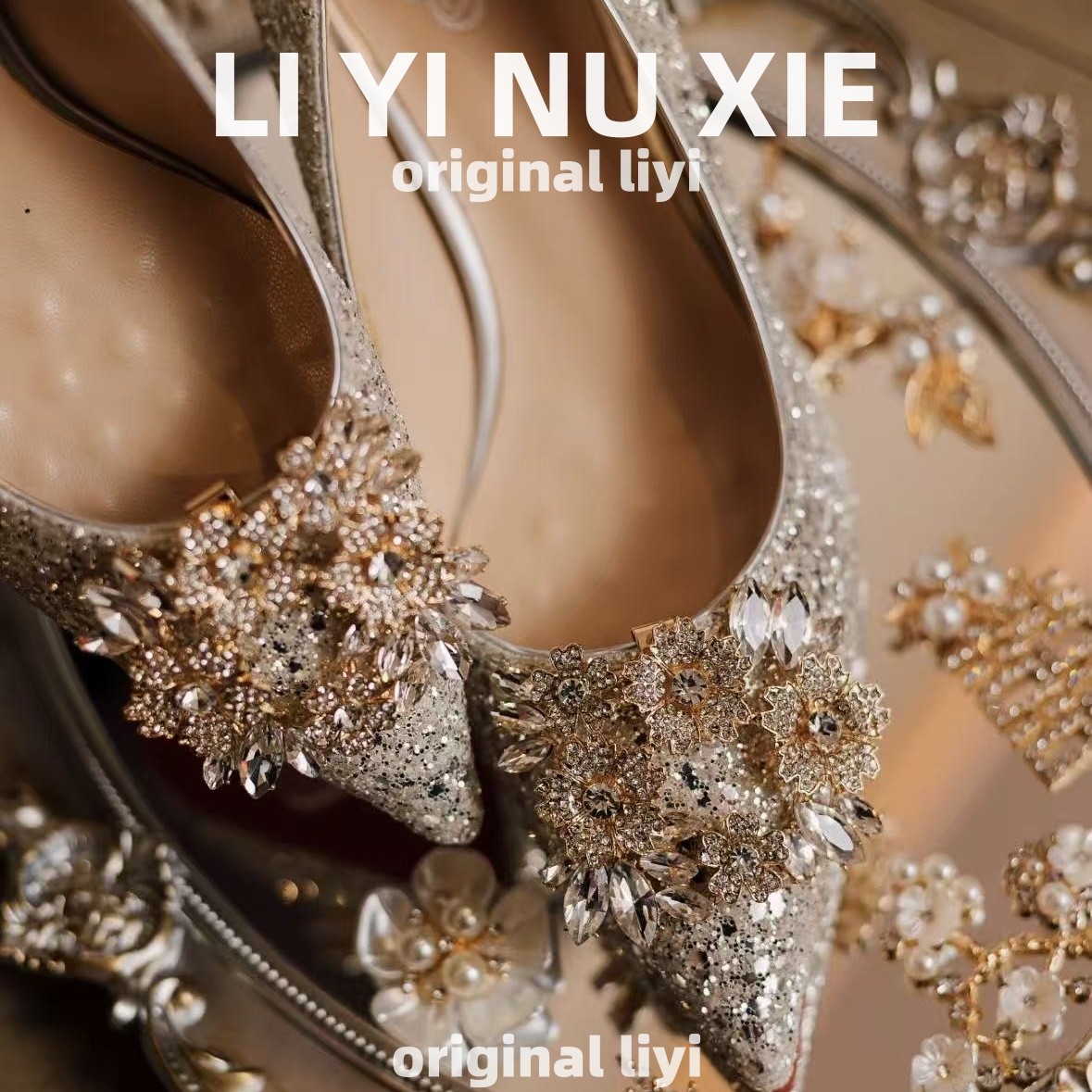Wedding shoes, two-way wearable with wedding dress, crystal shoes, champagne-colored high heels, comfortable and rhinestone, 2026 new style.