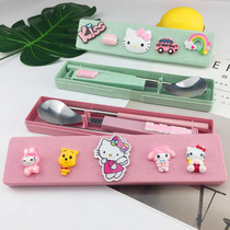Cartoon stainless steel environmental protection wheat portable boxed spoon Student cute tableware travel take-away chopsticks box set
