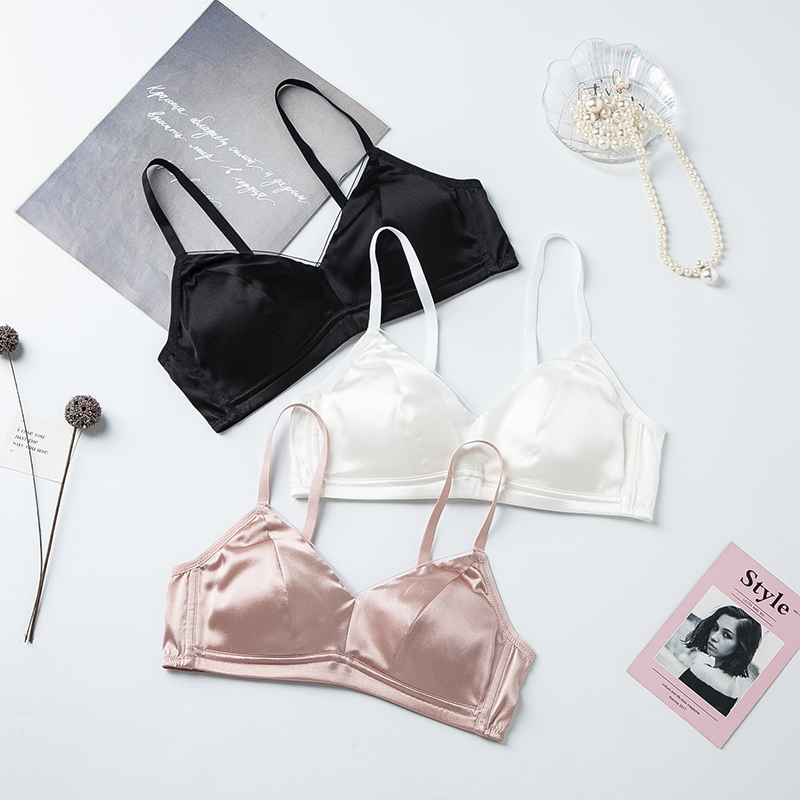 Silk Satin Wire-Free Bra, Mulberry Silk French Style, Smooth, Thin, Breathable, Comfortable, Buckle, Solid Color Underwear