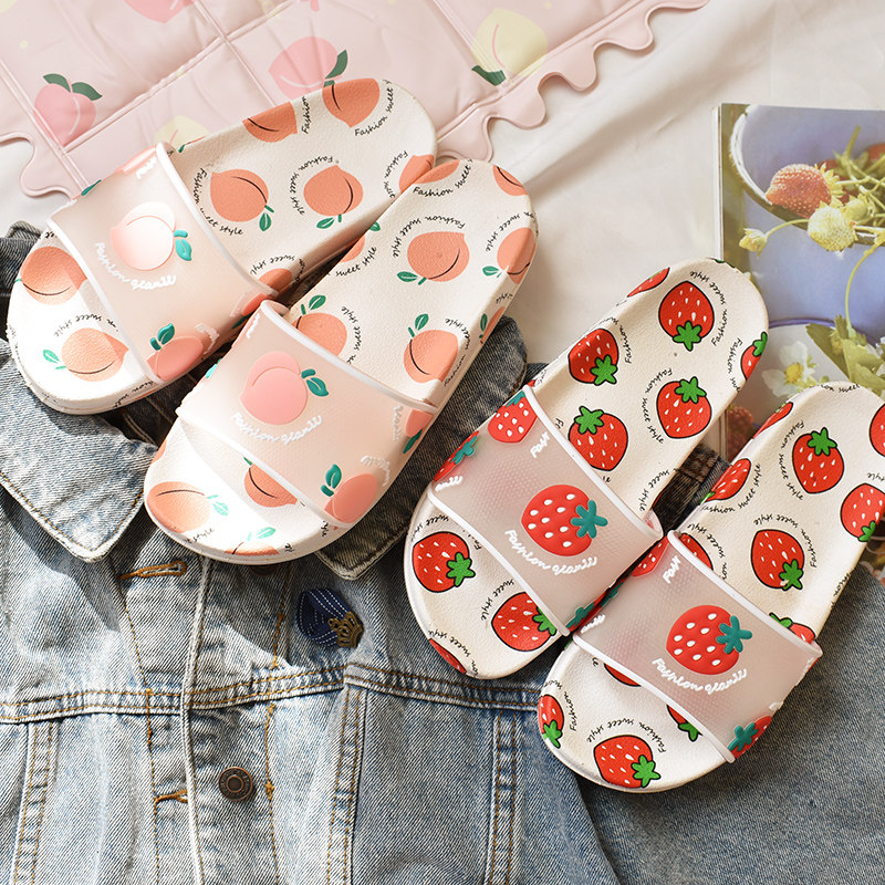 ins cute briefing net red fruits strawberry sandals Teen Hearts Non-slip Home Bath Interior Bath soft undershoes
