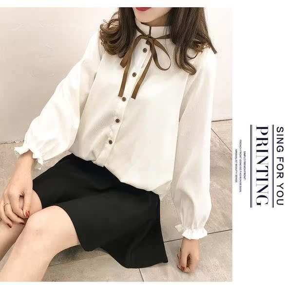 Cộng với nhung dày đại học gió tươi nhung thắt nơ dài tay áo nữ mùa thu đông mới áo mỏng áo sơ mi nữ dài tay hàn quốc