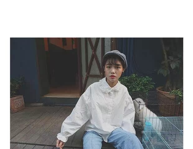 Xuân 2018 Mới Hàn Quốc lỏng lẻo cổ áo POLO cổ bằng gỗ màu rắn đèn lồng tay áo sơ mi trắng nữ chạm đáy áo sơ mi cổ tròn