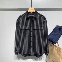 Black And White Striped Tooling Long Sleeve Shirt Male Autumn Tide Sign Port Wind Loose 100 Hitch Casual Handsome Cotton Linen Jacket Jacket