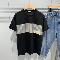 Stripe Splicing Short Sleeve T-Shirt Male Summer Day Ensemble Trendy Personality Fashion 100 Hitch Loose Round Collar Half Sleeve Body Shirt