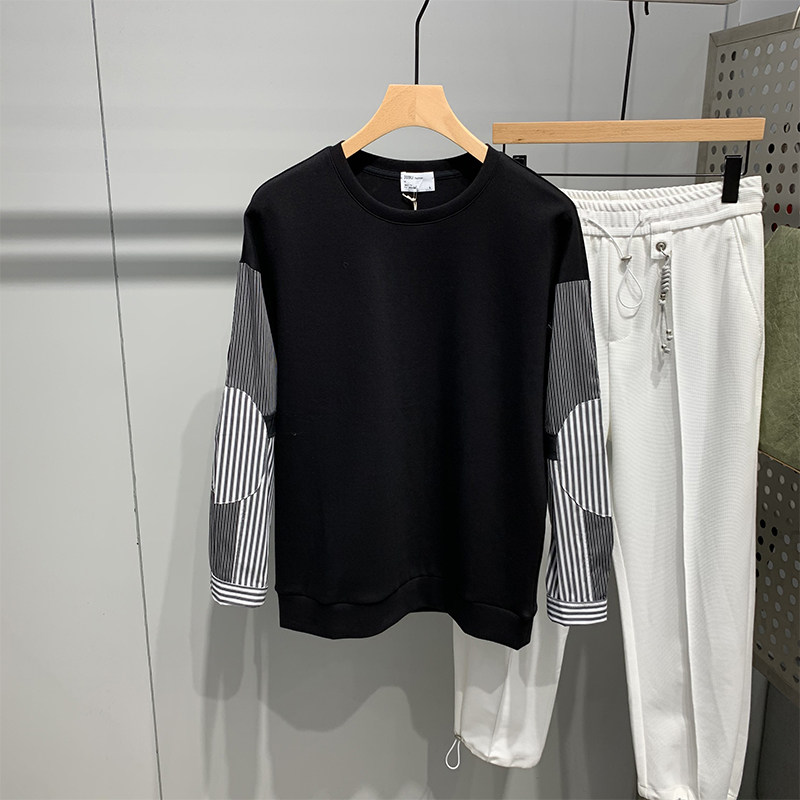 Net red stripe splicing thick T-shirt Male Fall Ins Chauded Port Wind Breeds High Street Loose Round Collar Fake two blouses