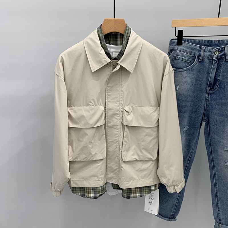 Splicing Fake two overalls jacket Male spring ins Chains Chauffins Handsome Harbor Wind Looser 100 hitch Casual Turnover Jacket