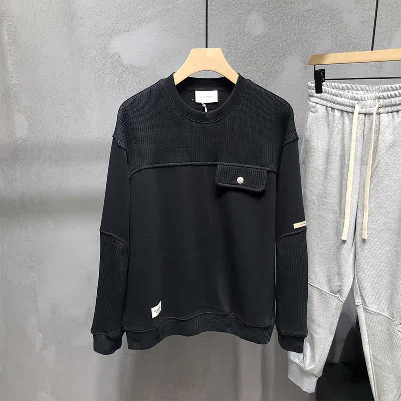 Net Red ruffled handsome Fried Street Splicing thick T-shirt Men's Qiuins Superfire Port Wind Relaxed Casual Personality Trend 100 lap blouses