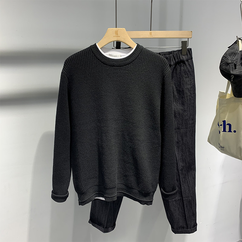 2021 Autumn Winter New Pure color sweater male loose outside wearing round collar Jane about 100 hitch set head slapped bottom fur thread
