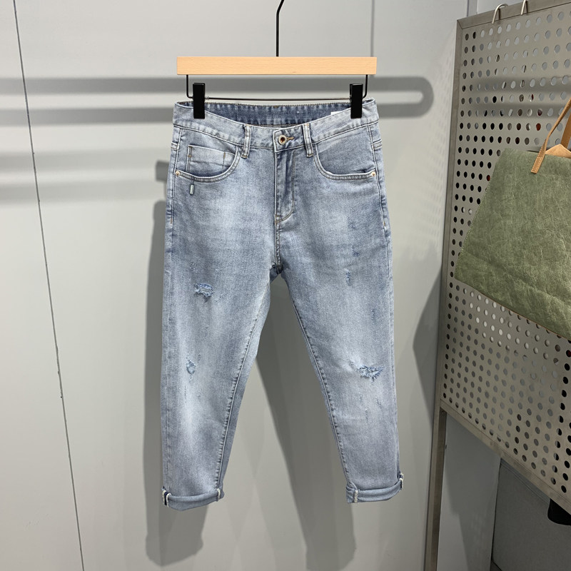 Blue Breaking Hole Jeans Male Korean Version Fashion Trends Personality 100 Hitch Casual Loose Little Feet 90% Pants Summer Tide