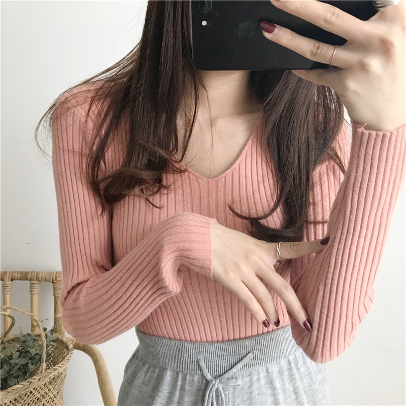 Phiên bản Hàn Quốc của chiếc áo cổ chữ V tự luyện đan đáy áo hoang dã đơn giản cơ bản áo len dài tay dệt kim mùa thu mới áo len đẹp