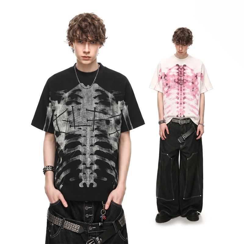 51 Hip-Hop "X-Ray Skeleton Framework" Dot Matrix Print Waffle Dark Gothic Vintage Street Short Sleeve Trend
