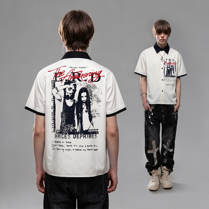 51 Hip-Hop Album Cover Portrait Slogan Direct Print Color-Blocking Three-Dimensional Neckline Light Street Style Short-Sleeve Shirt