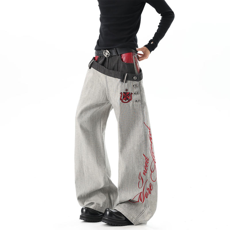 51 Hip-Hop "Reverse Cow 3.0" Original Cow Curved Hem Double Waistband Patchwork Selvedge Jeans Men's Street Style Long Pants 51 Hip-Hop "Reverse Cow 3.0" Original Cow Curved Hem Double Waistband Patchwork Selvedge Jeans Men's Street Style Long Pants