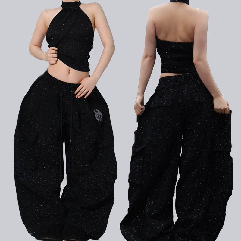 アメリカンオリジナルスタイル シルバーフォイルラインストーン スパークリング カーゴパンツ メンズ＆レディース ストリートダンス、ジャズ、ジャズダンス フルラインストーン ダンス ワイドレッグ フロア丈パンツ