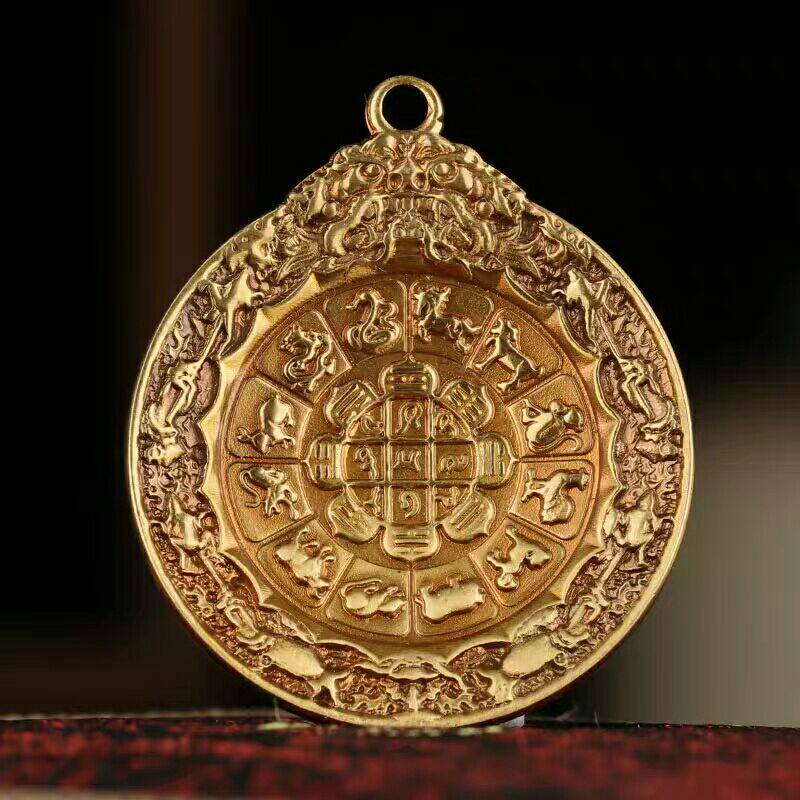 Tibetan pure copper vintage brass zodiac nine palace gossip card pendant with Om word back cover card