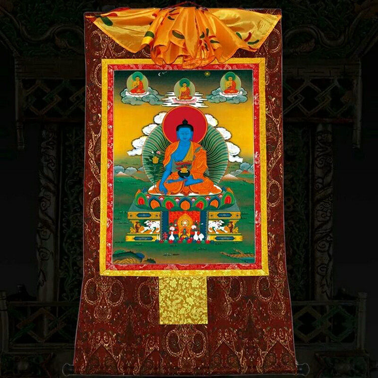 Pharmacist Buddha Thangka Portrait Tibet Hanging Painting Prader Hand-mounted Fine Cloth Printed Gold Thangka Buddha Portrait