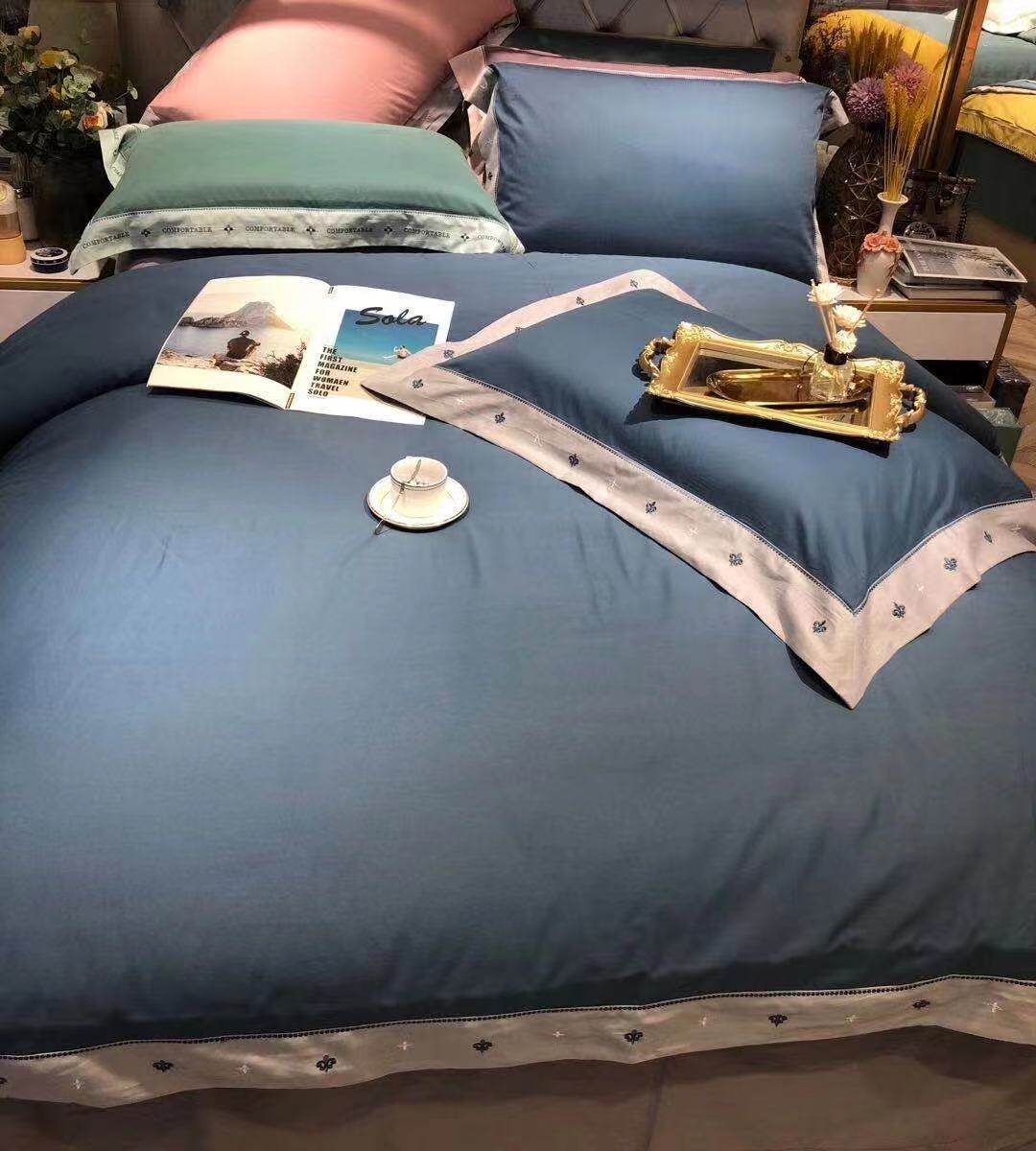 Fragrant Wind style 100 All cotton wide edge embroidery Four sets pure color minimalist Fashion Bed Pint Kit Feel Soft Glutinous