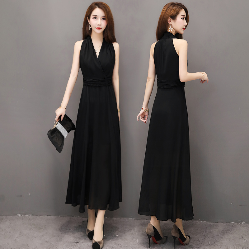 Black Chiffon Dress for Women, Summer Slim Fit, Long Skirt, Sexy Halter Neck, Seaside Vacation Beach Dress, Long Skirt