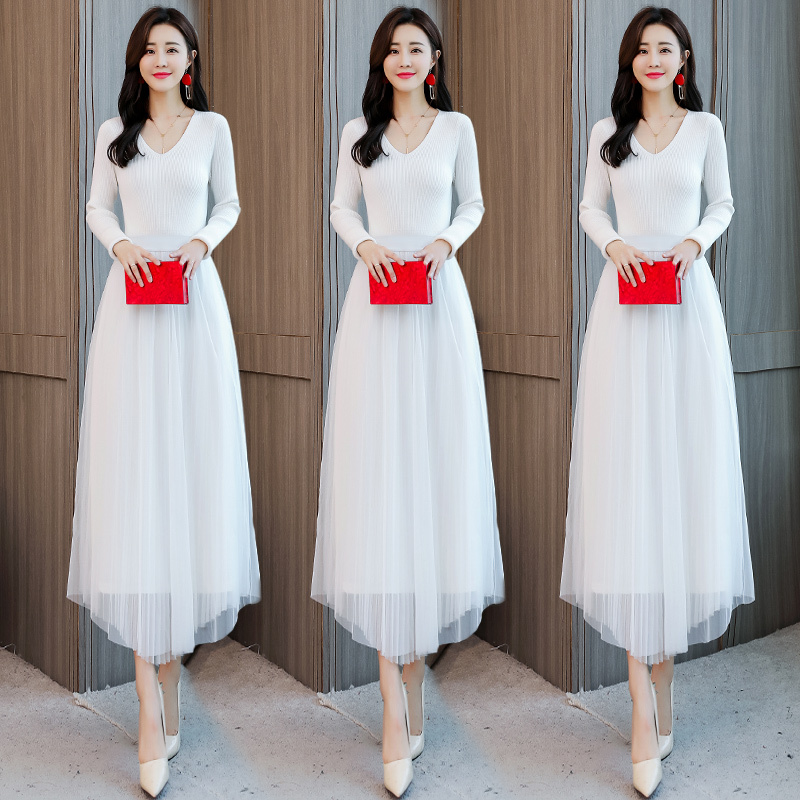 White Knitted Dress with V-Neck, Long Sleeves, Autumn and Winter 2026 New Style, Mesh Skirt, Autumn Outfit, Sweater Long Dress