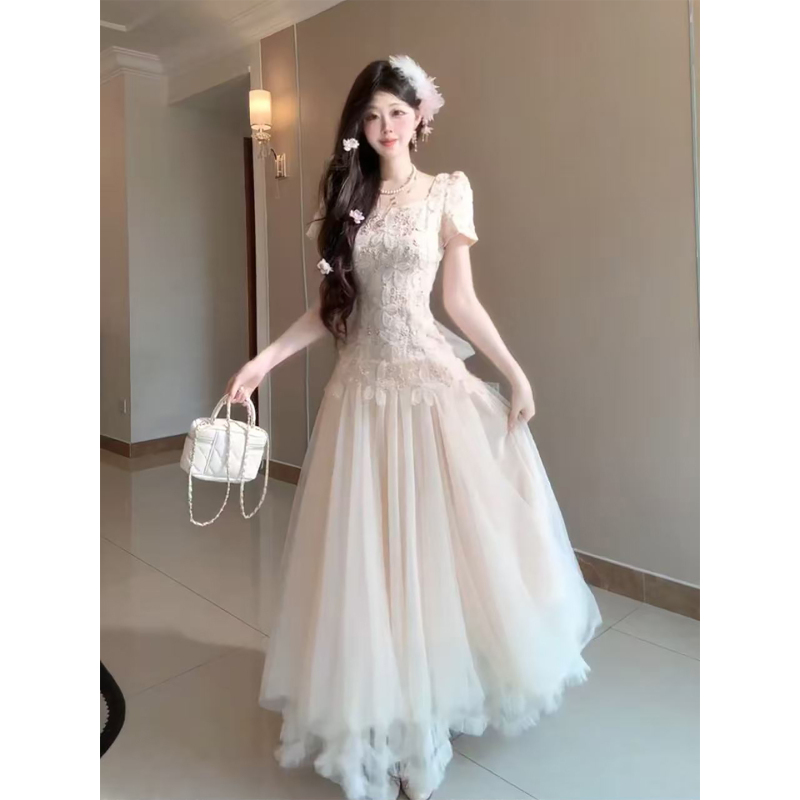 French-Style Rich Girl Lace Dress for Women, Stunning Summer Mini Dress with Large Skirt and Mesh Princess Long Dress French-Style Rich Girl Lace Dress for Women, Stunning Summer Mini Dress with Large Skirt and Mesh Princess Long Dress