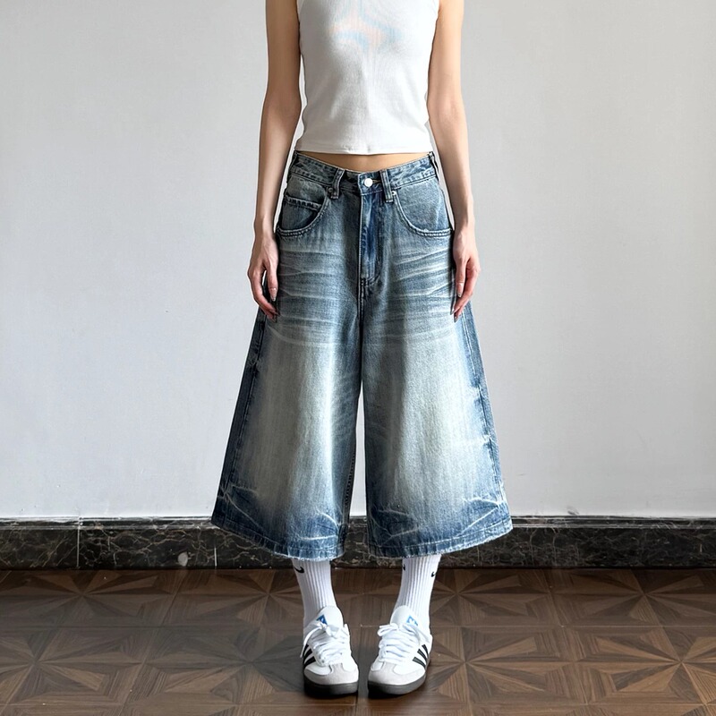 Neut American Vintage Washed Whiskered Cropped Jeans for Men and Women, High-End Wide-Leg Straight Loose 7/8 Pants