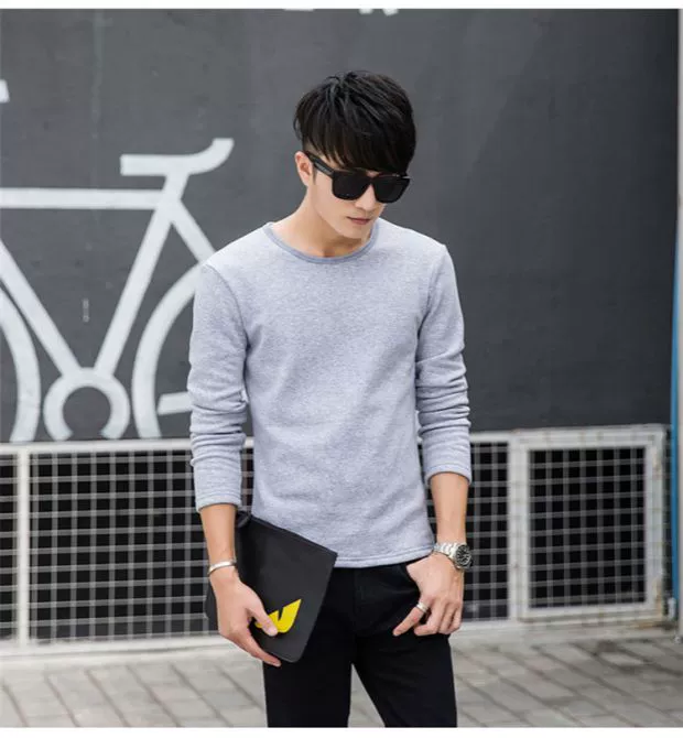 Áo ấm nam cộng với nhung dày cổ tròn mùa đông chạm đáy áo đơn mảnh màu trắng tinh khiết bó sát nhiệt đồ lót áo giữ nhiệt nữ trung niên