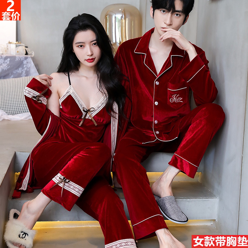 Gold velvet couple pajamas autumn and winter new men's and women's high-end wedding long-sleeved sling chest pad three-piece suit